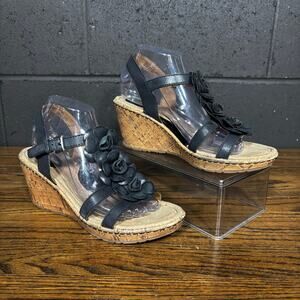 B.O.C. Born Concept Black Leather Floral Cork Wedge Sandals Women’s 9